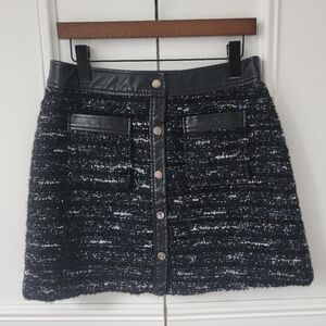 AQUA Tweed Mini Skirt Faux Leather Trim Snap Front | Size L